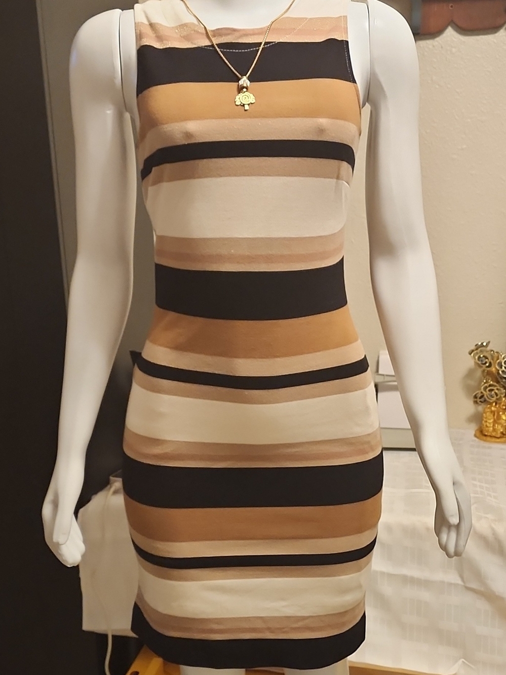 Banana Republic Striped Sleeveless Sheath Dress in Black, Tan and Cream